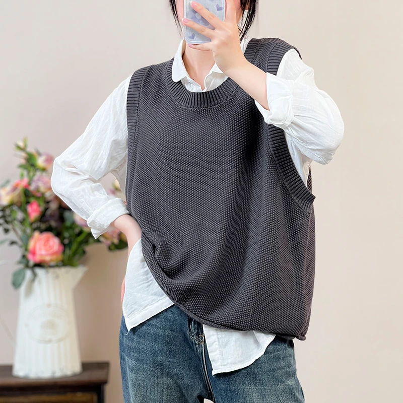 春秋季新款圆领针织马甲女背心文艺休闲宽松大码韩版外搭棉线马夹