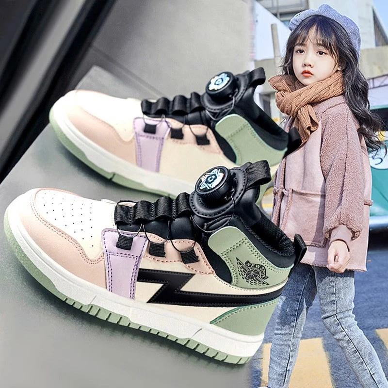 aj女童鞋子2023春秋新款高帮儿童运动鞋旋转纽扣女孩皮面休闲板鞋