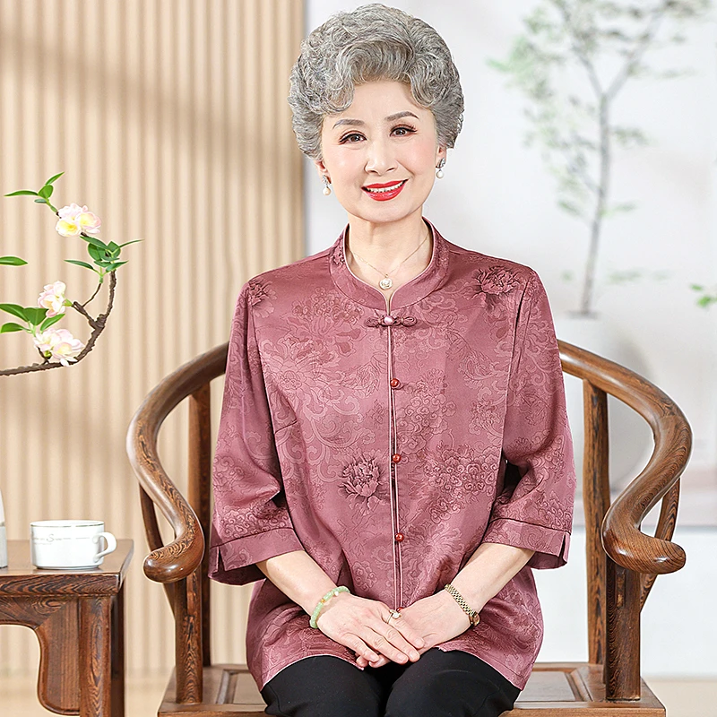 中老年人国风妈妈装衬衣奶奶装七分袖衬衫6070春夏薄款老太太衣服