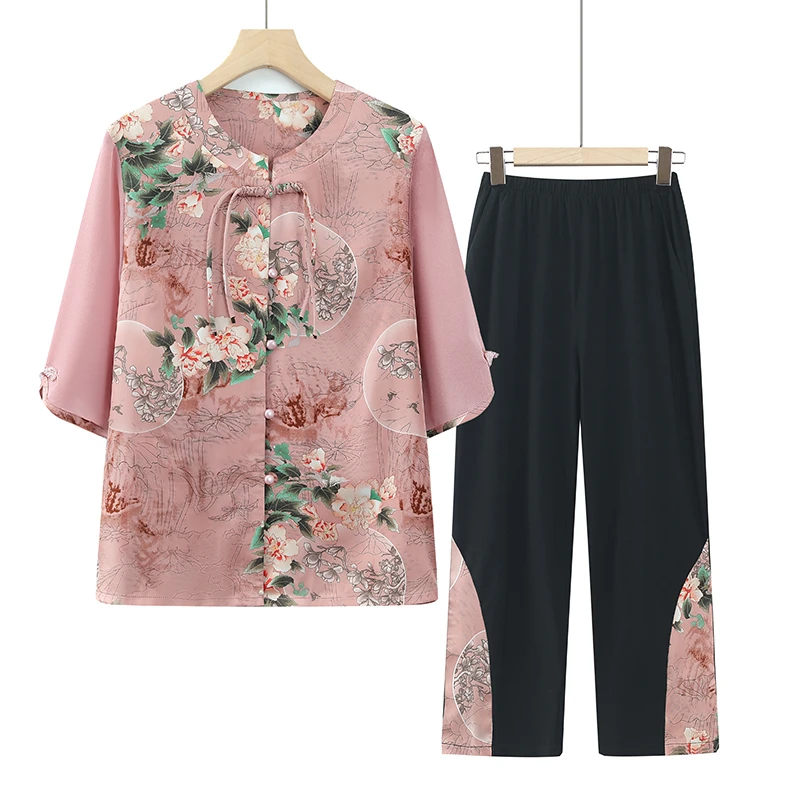 中老年夏季时尚宽松五分袖老年人休闲大码洋气薄款老太太两件套