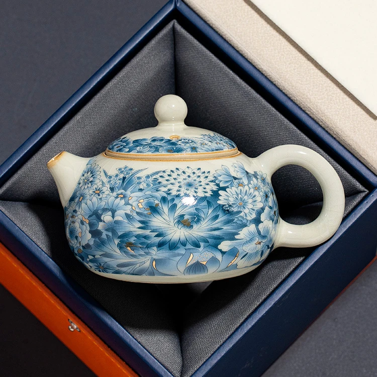 倾韵汝窑金万花西施壶泡茶壶陶瓷茶壶家用功夫茶具茶水分离泡茶器