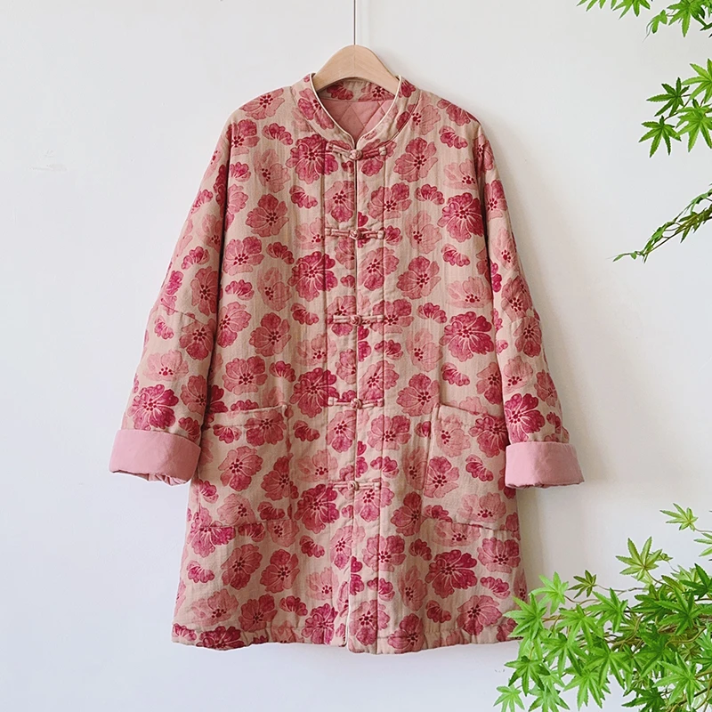 【花落】秋冬复古百搭印花宽松保暖休闲中式盘扣棉衣外套 51863