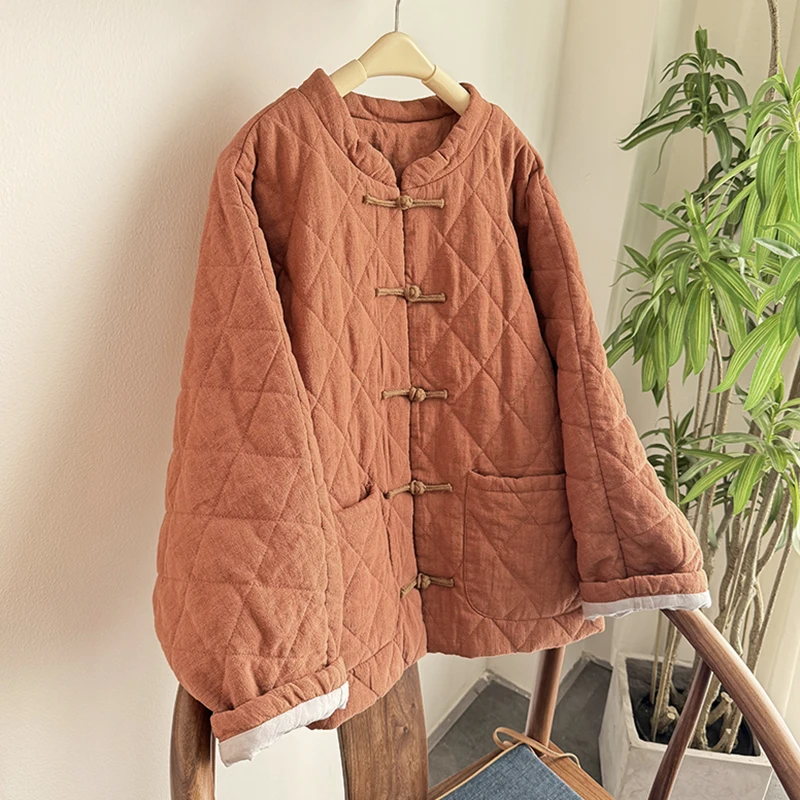 【暖冬】复古麻料菱格压线宽松蝙蝠袖保暖文艺国风棉衣外套 51959