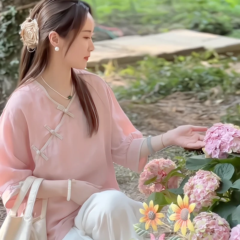 【岁月静好】夏季气质新中式斜纹苎麻设计手工领盘扣小衫上衣 51664