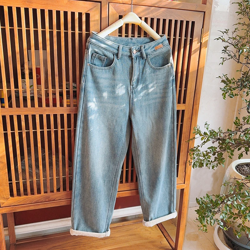 【百搭裤】冬季加绒显瘦水洗直筒裤复古时尚宽松休闲牛仔裤 51952