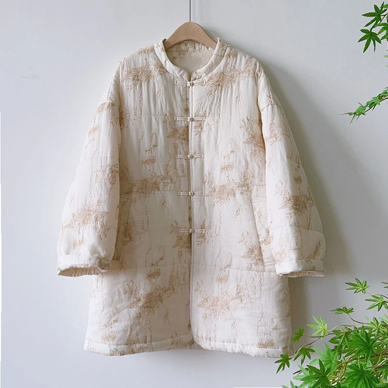 【山河重工绣】苎麻冬季重工刺绣盘扣中长款棉衣棉服外套 51901