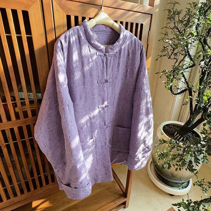 【暮山紫】新年亚麻棉提花复古国风盘扣宽松文艺廓形棉衣外套 51909