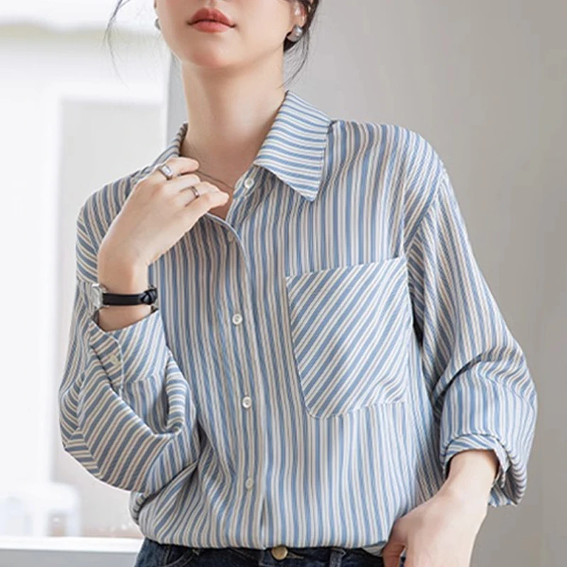 法式复古条纹衬衫女长袖春秋口袋设计感洋气宽松休闲衬衣薄款上衣