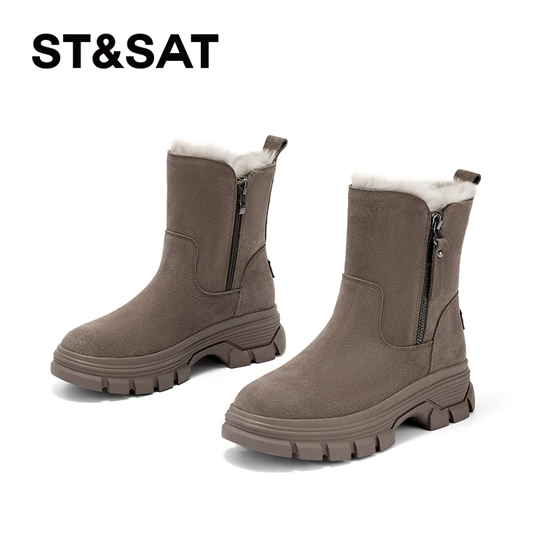 星期六女式时尚百搭加绒保暖复古潮流圆头女士小众冬季御寒时装靴