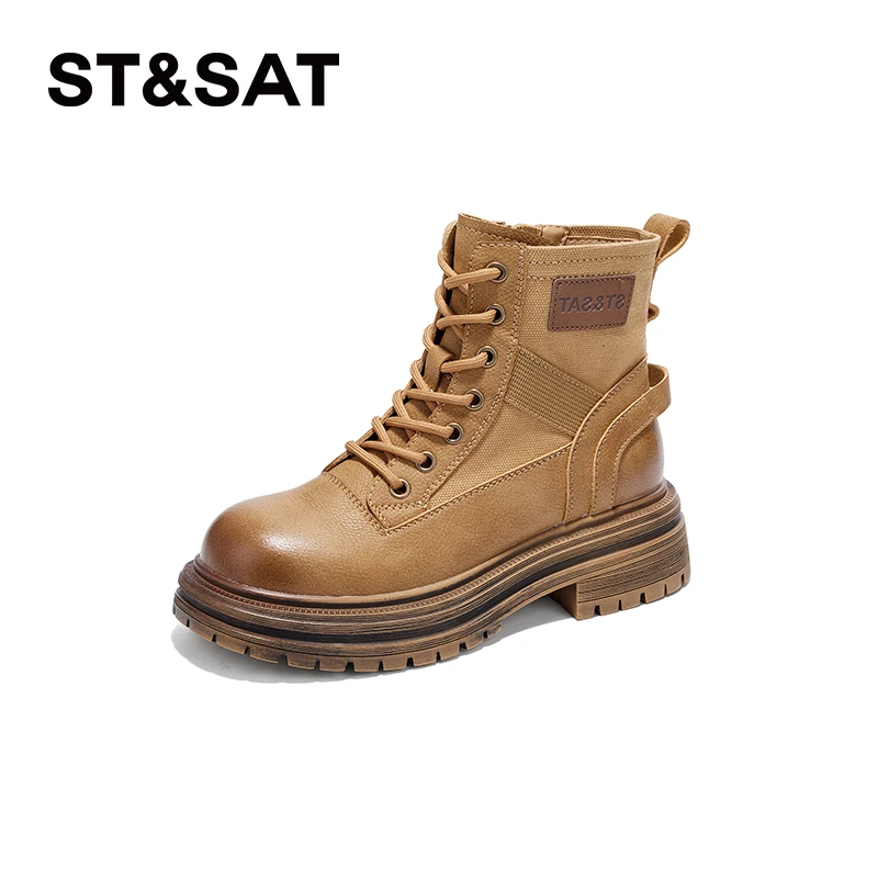 星期六女式时尚休闲户外百搭潮流高帮秋季圆头系带英伦风大黄靴