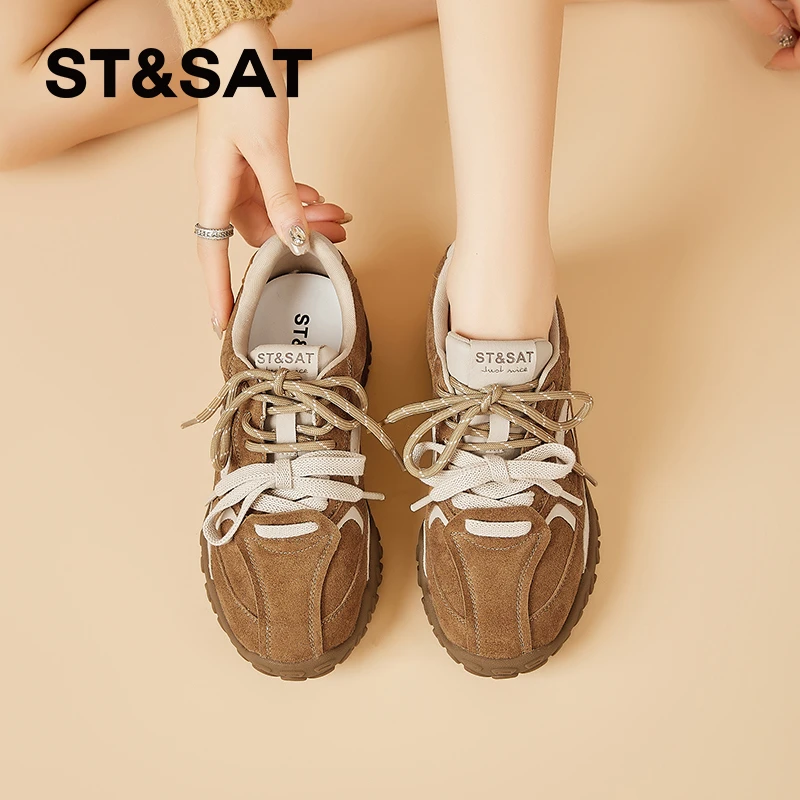 星期六2024春秋百搭潮流复古透气系带防滑厚底圆头时尚运动休闲鞋