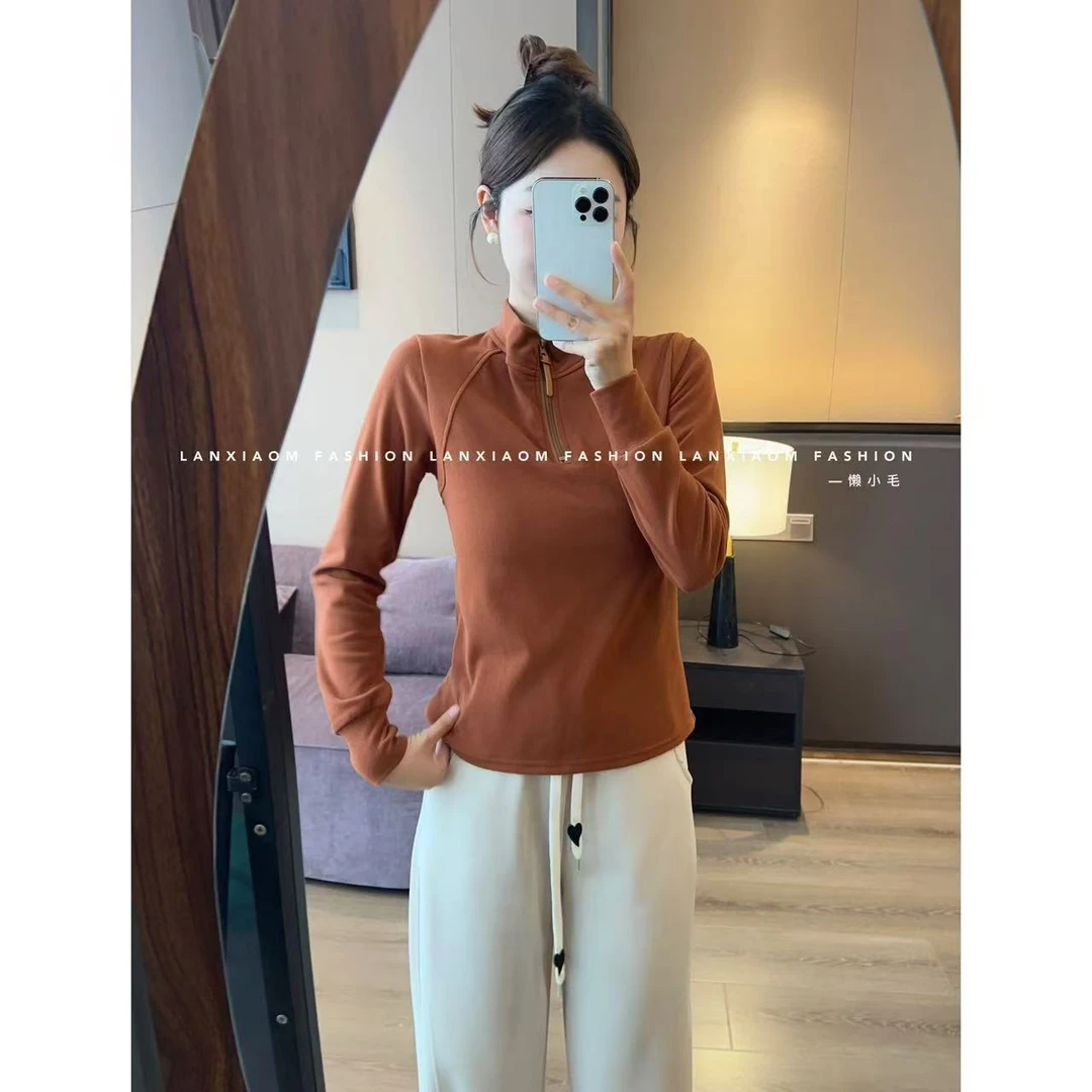 半拉链立领双面德绒长袖卫衣女秋冬季新款加厚打底衫内搭外穿上衣