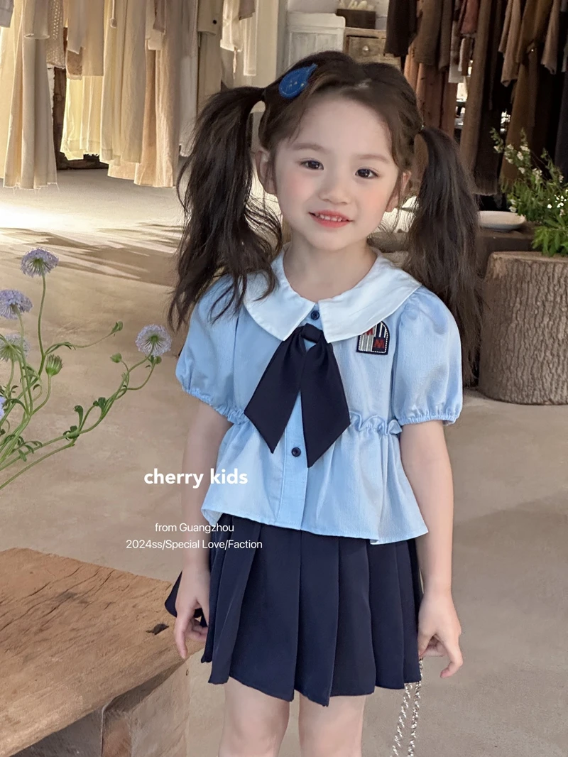 女童学院风套装夏装2024新款洋气女宝宝短袖学院风女童套装