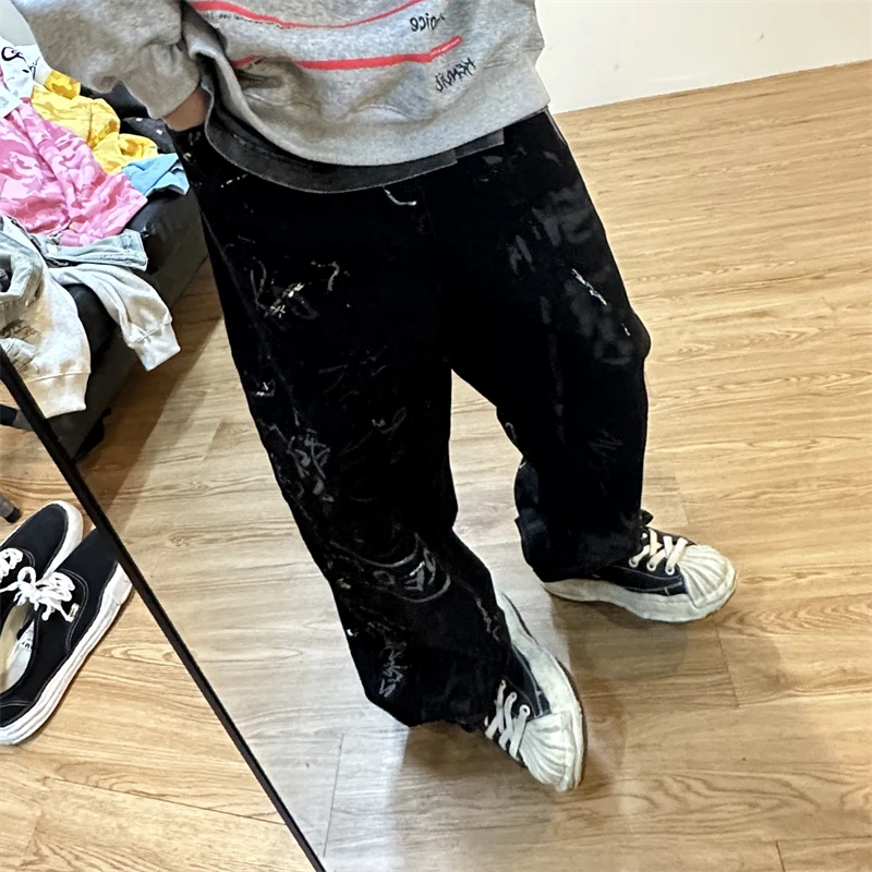 OPUP小众设计手绘喷墨涂鸦阔腿水洗牛仔裤男女同款宽松泼墨长裤潮