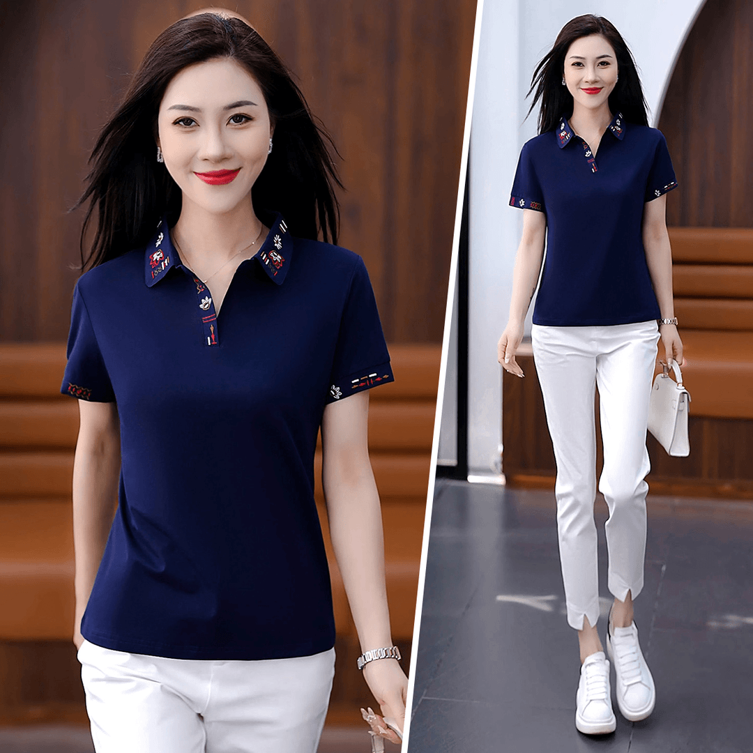 中年女士短袖t恤女夏装新款品牌时尚洋气宽松大码翻领polo衫薄款