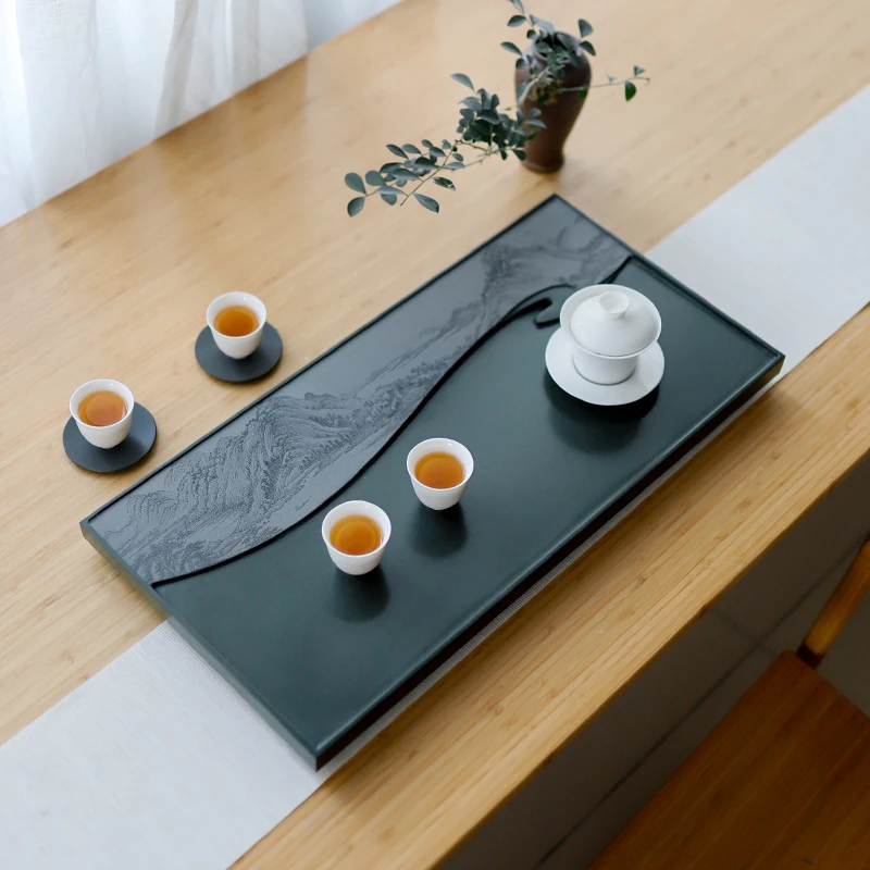 万石堂高端轻奢手工影雕茶盘天罗绿石茶海 千里江山图