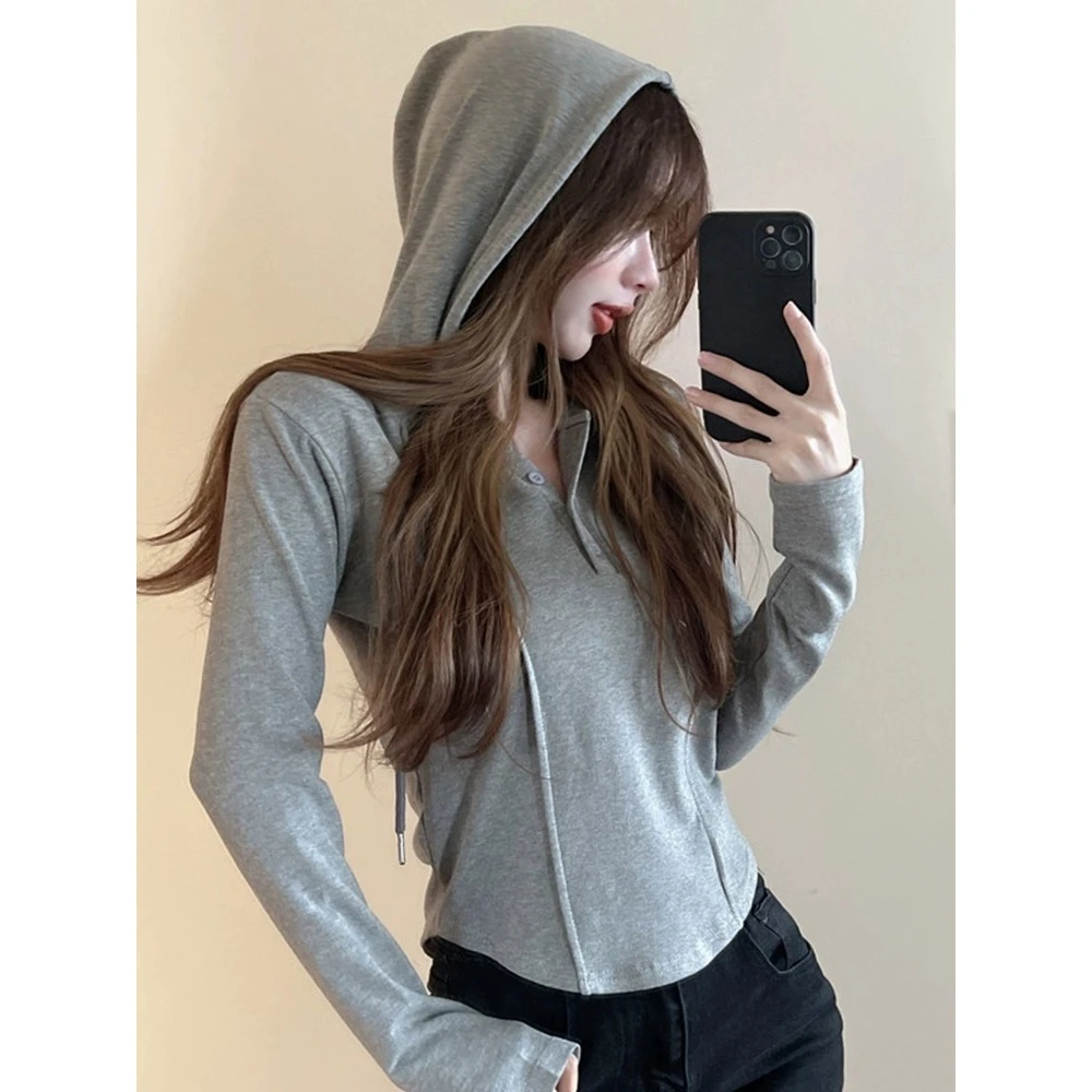 辣妹修身打底衫女秋季2023年韩版穿搭纯欲T恤连帽设计感小众上衣