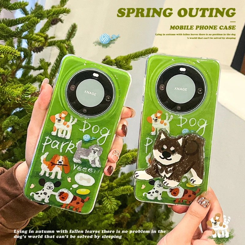 踏青小狗华为Mate60手机壳苹果iPhone15保护套支架pm女ins原创13