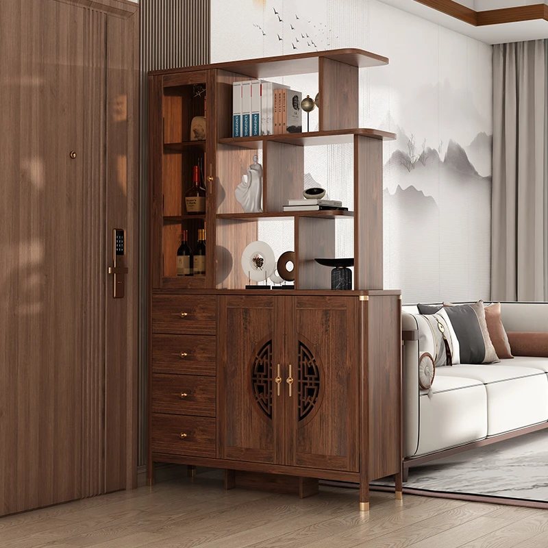 新中式入户鞋柜家用双面客厅隔断一体门厅实木框靠墙门口置物架