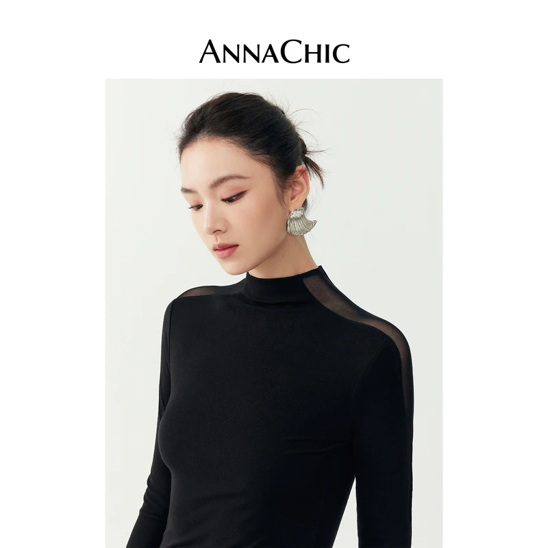 ANNACHIC黑色半高领修身t恤女冬季新款长袖网纱拼接性感微透上衣
