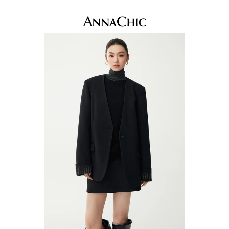 ANNACHIC黑色V领显瘦西装外套女春季高级感拼接长袖条纹开叉西服
