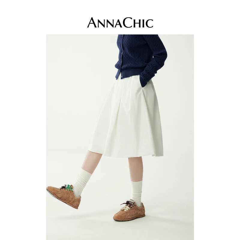 ANNACHIC白色半身裙女2024新款秋冬纯棉小个子高腰半裙复古a字裙