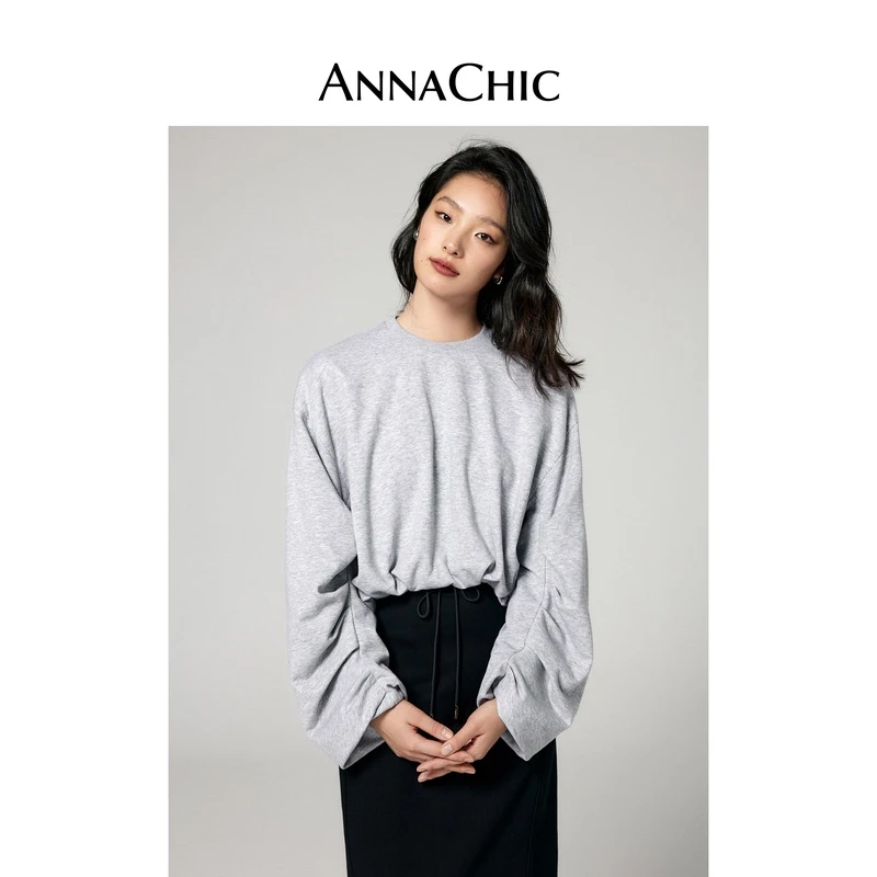 ANNACHIC设计感花灰色休闲长袖卫衣女春季新款慵懒风宽松圆领上衣