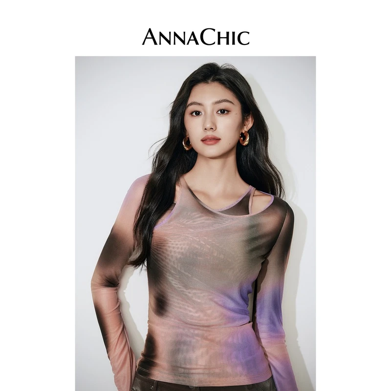 ANNACHIC粉色u领长袖T恤女秋季新款假两件不对称晕染修身显瘦上衣