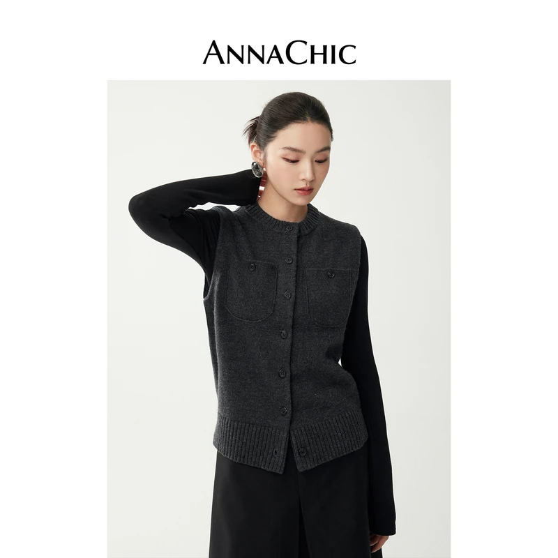 ANNACHIC花灰色时髦针织背心女2025春季叠穿气质修身无袖马甲上衣