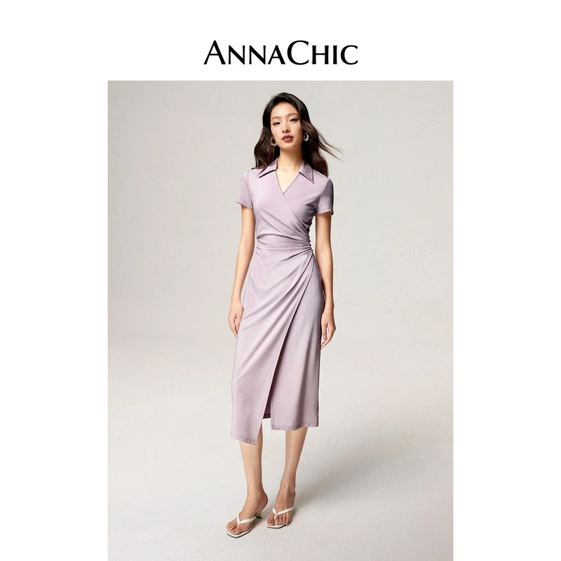ANNACHIC紫色polo领连衣裙女夏季新款设计感不规则褶皱收腰中长裙