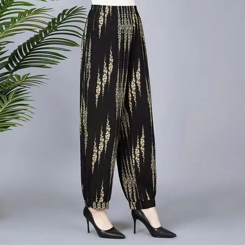 夏季中老年新款女装民族风广场舞裤高腰宽松加大萝卜裤薄款灯笼裤