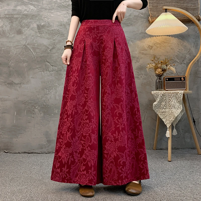 复古大码棉麻提花阔腿裤女中国风宽松禅意直筒裤休闲裤长裤