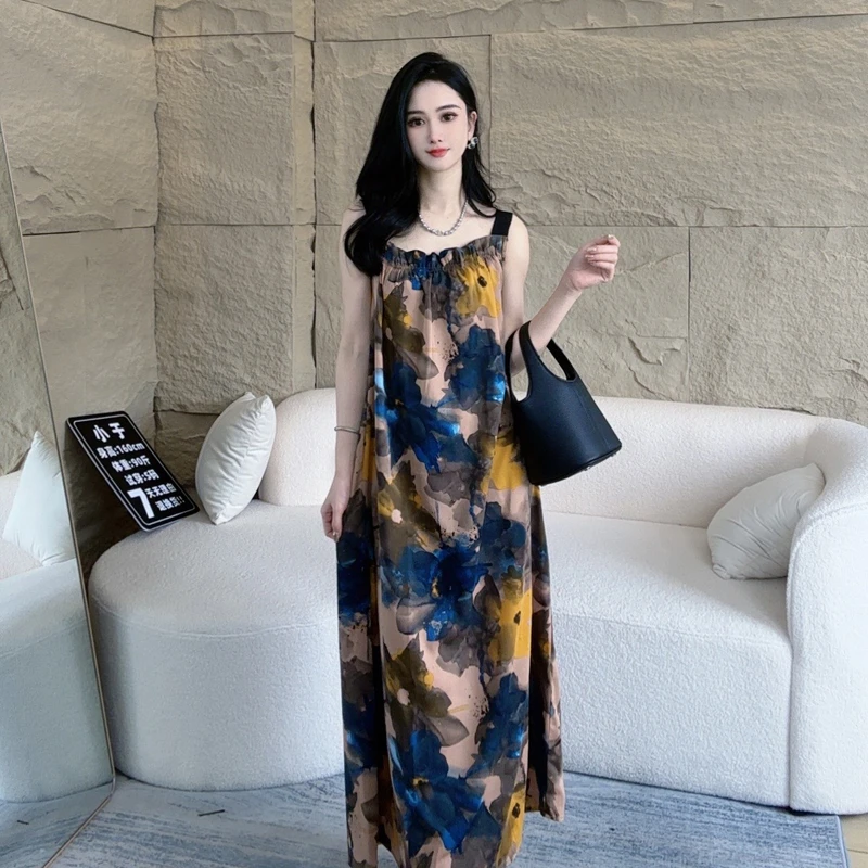 （蓝黄）吊带连衣裙女长裙夏季新款法式小个子海边度假沙滩碎花裙