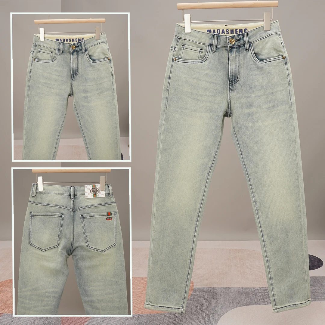 博利凯葆碟潮牌牛仔裤男夏季修身直筒男士时尚高端复古水洗休闲裤