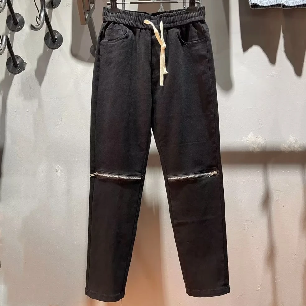 夏季新款膝盖拉链抽绳牛仔裤男韩版潮流休闲百搭九分裤休闲裤男款