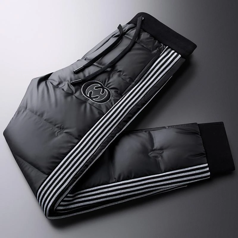 冬季时尚运动系带羽绒裤男修身保暖雪天户外穿防水男士白鸭绒裤子