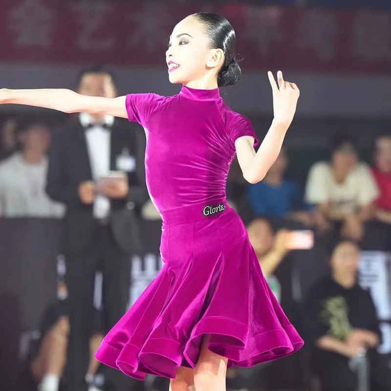 歌瑞亚新款拉丁舞女少儿童小圆领短袖分体考级比赛表演规定服3187