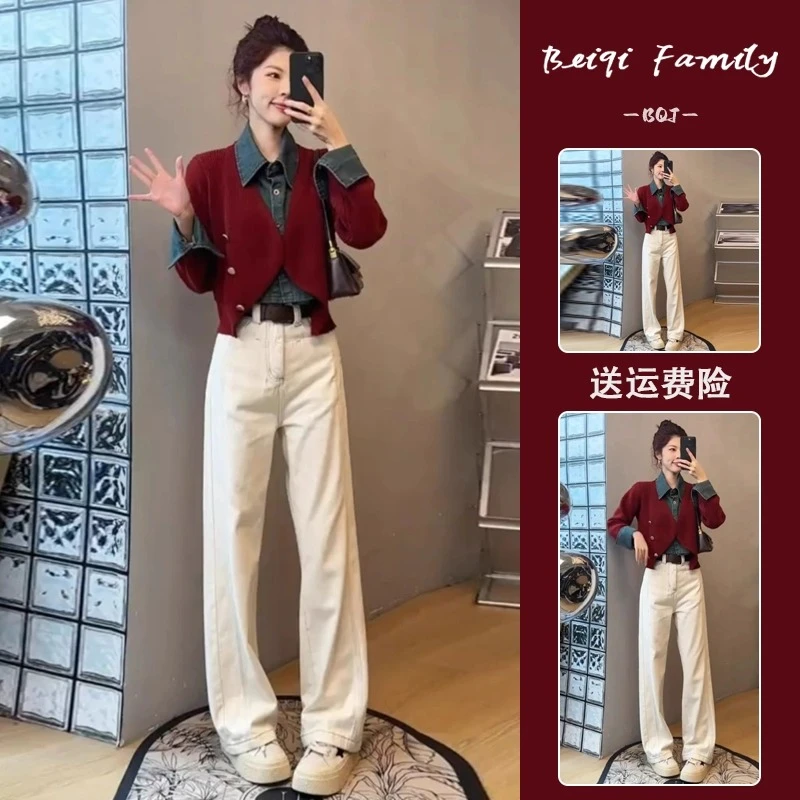 2024新款秋装搭配一整套洋气超好看假两件牛仔拼接红色毛衣套装女