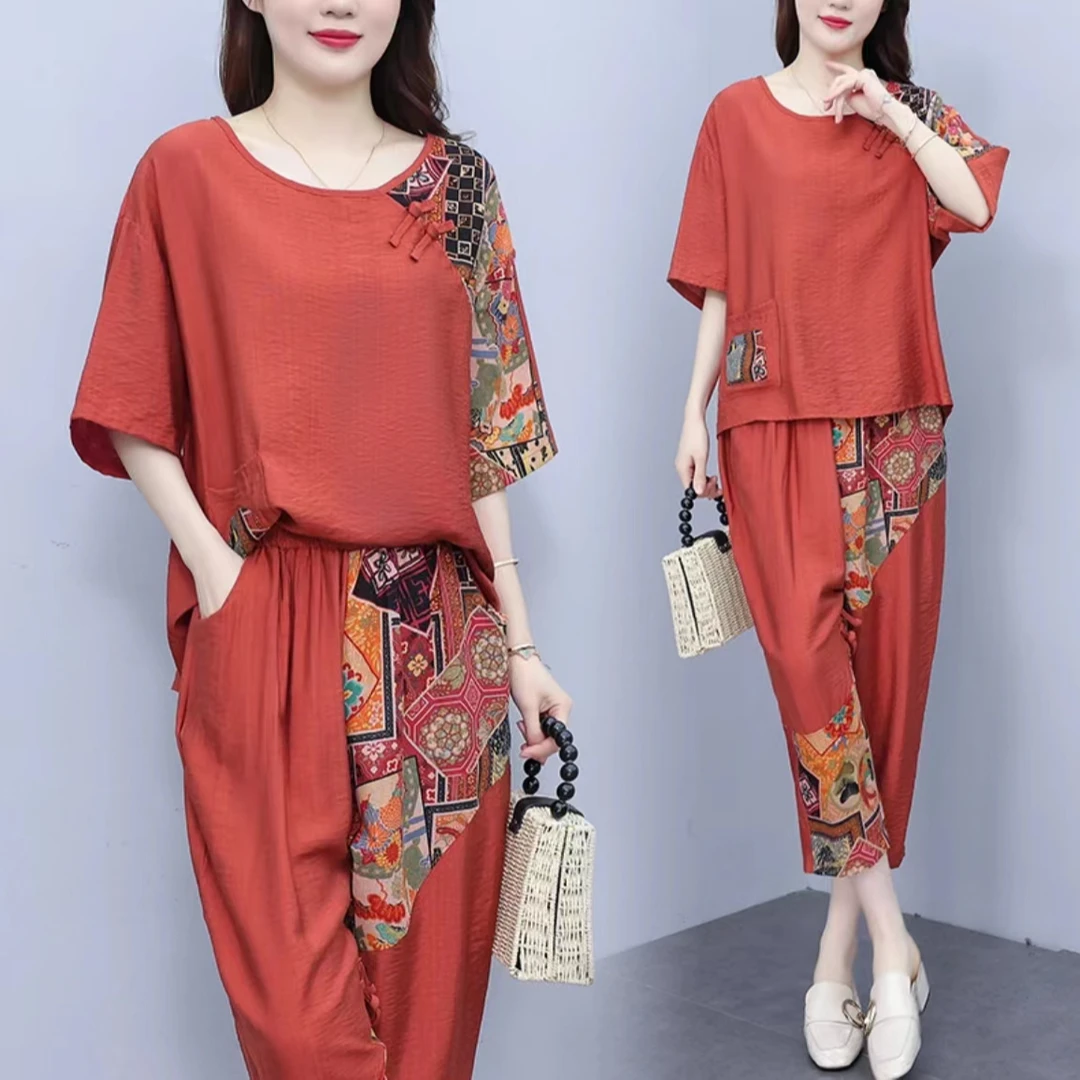 洋气妈妈装夏季短袖上衣休闲哈伦九分裤时尚宽松气质显瘦两件套装
