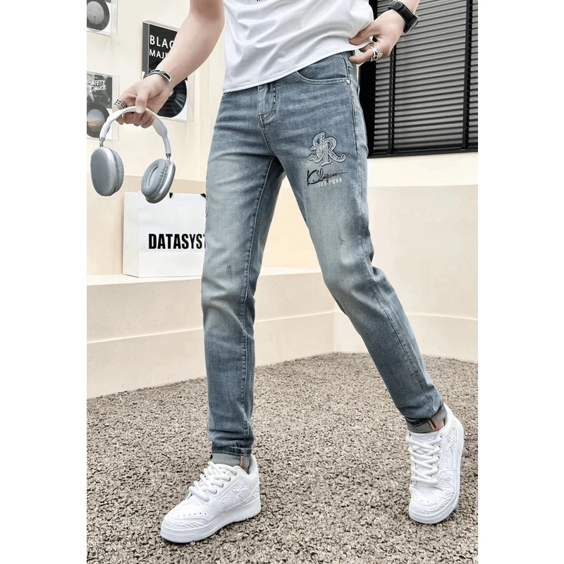 夏款高级感时尚复古做旧修身商务百搭个性男士直筒休闲牛仔裤8006