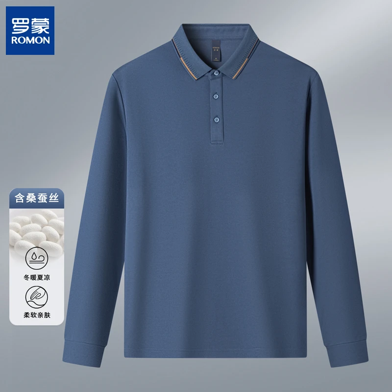 罗蒙含桑蚕丝秋新款男士休闲翻领上衣长袖polo衫男款