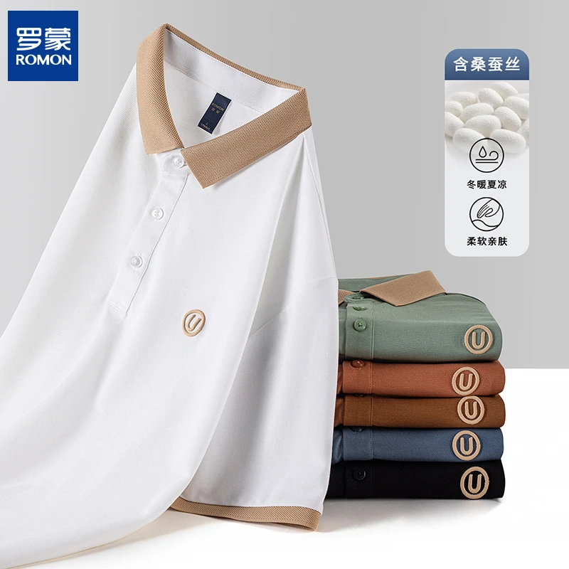 【含桑蚕丝】罗蒙夏季2023夏季舒适休闲刺绣短翻领polo衫袖T恤男