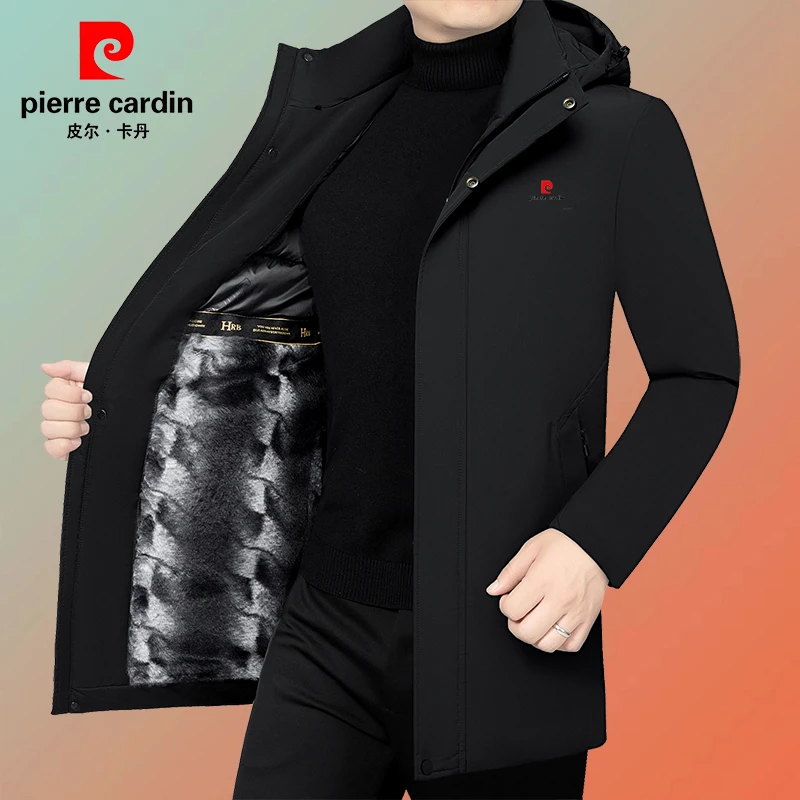 皮尔卡丹【加绒加厚】新款男士连帽保暖加厚棉衣男中长款棉服外套
