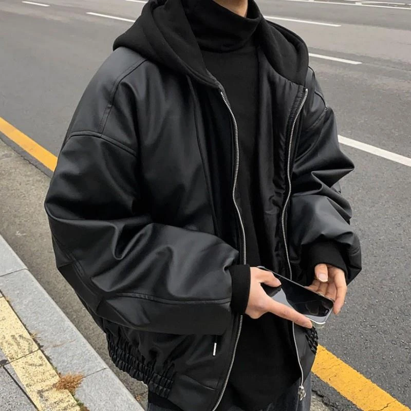 皮衣夹克男士秋冬季加厚纯黑色连帽外套美式高街痞帅百搭休闲男装