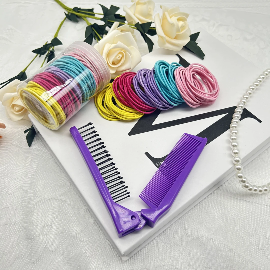 (福利)100根罐装百搭发圈头绳不伤头发皮筋+彩色折叠梳旅行梳