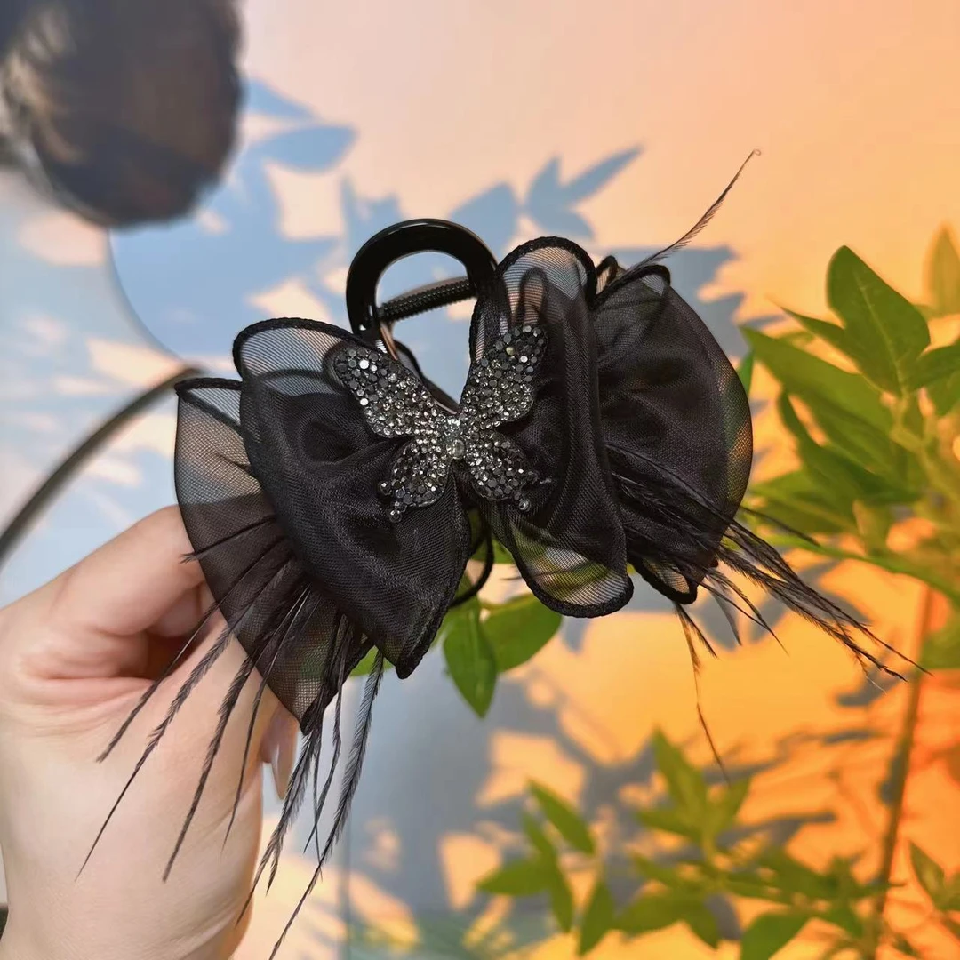 【小熊宝】高级感灵动蝴蝶气质网纱羽毛抓夹优雅高颅顶发夹