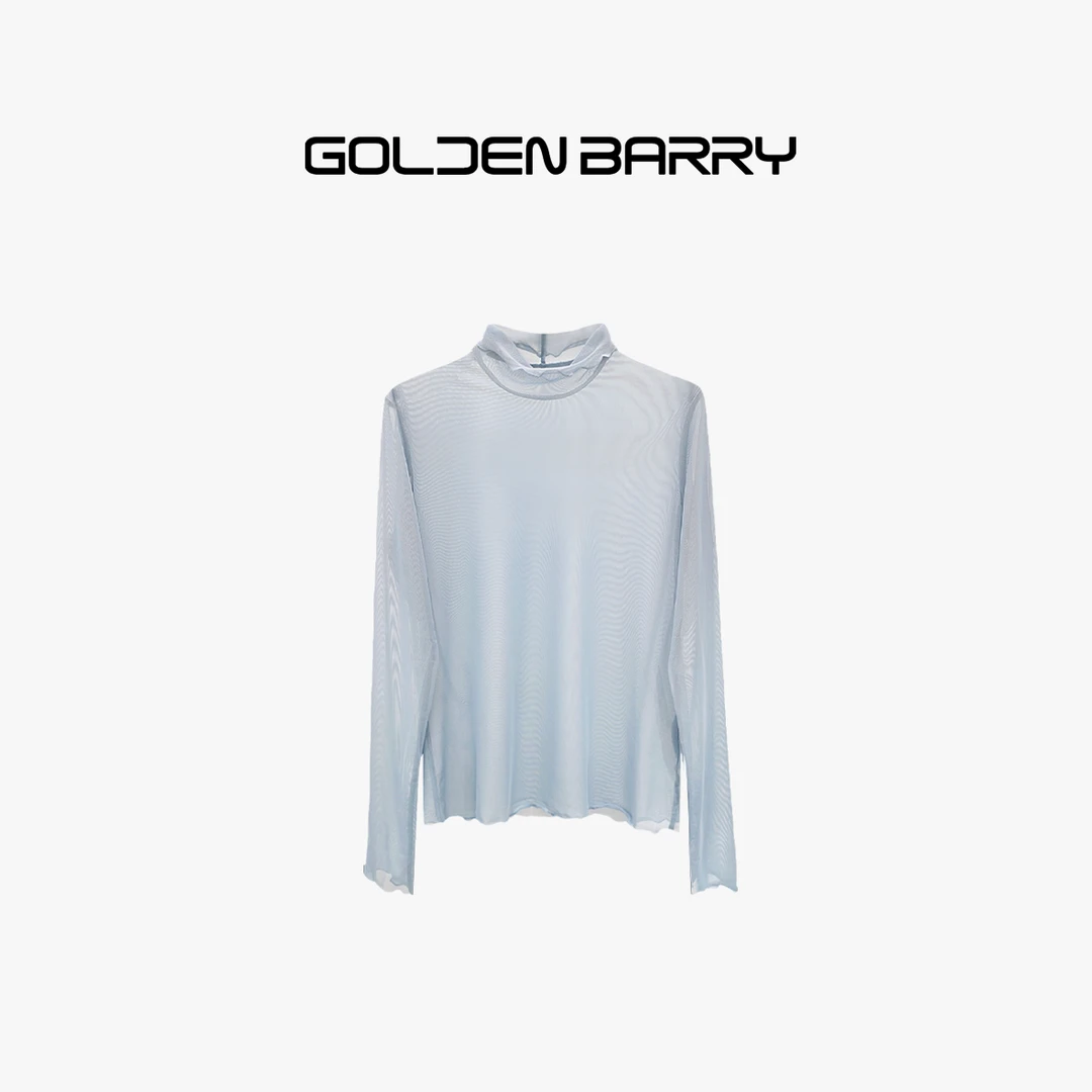 GOLDENBARRY|204016爽肤长袖百搭修身女士网纱时尚自由领打底衫