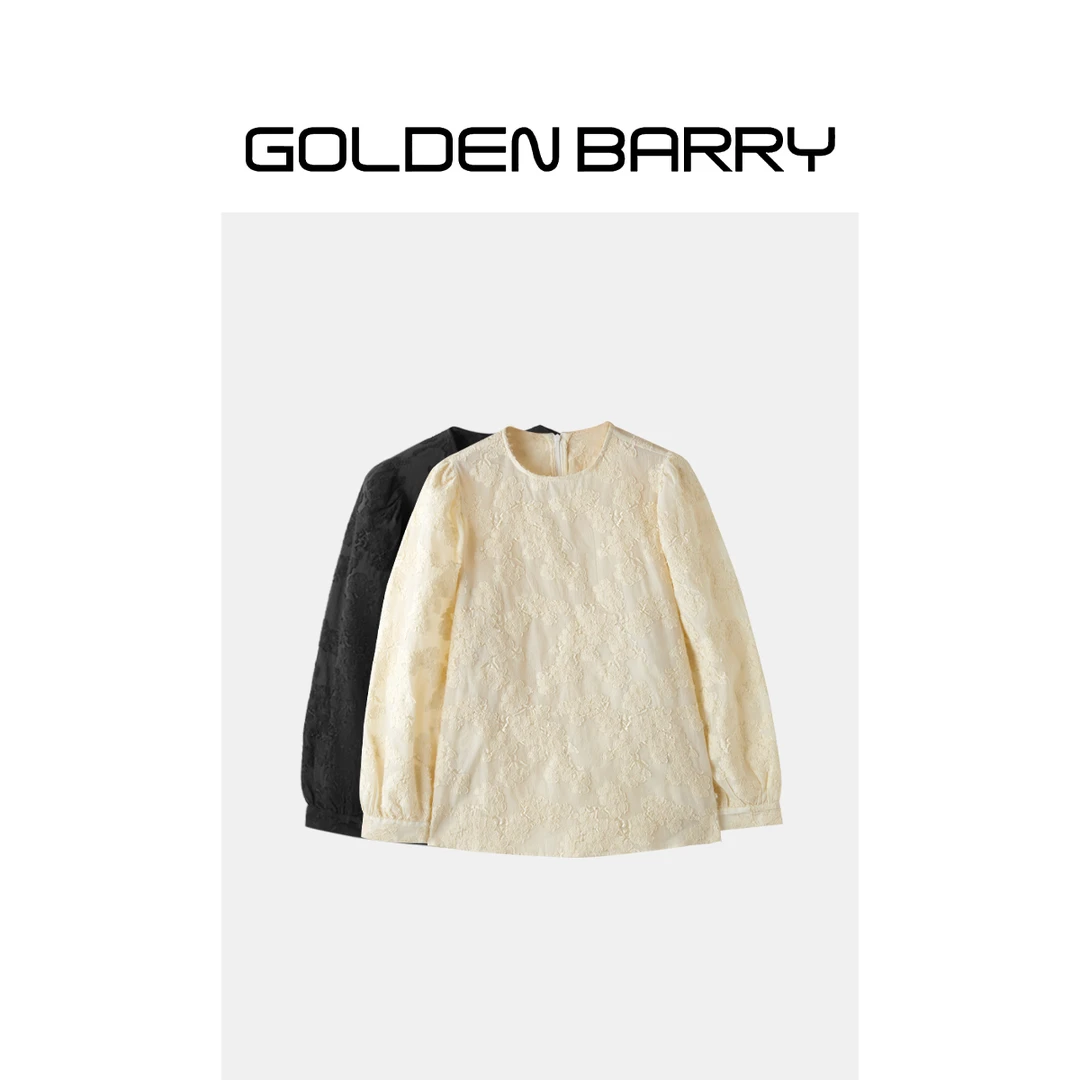 GOLDENBARRY|215112轻奢百搭经典显瘦气质法式时尚泡泡袖提花上衣