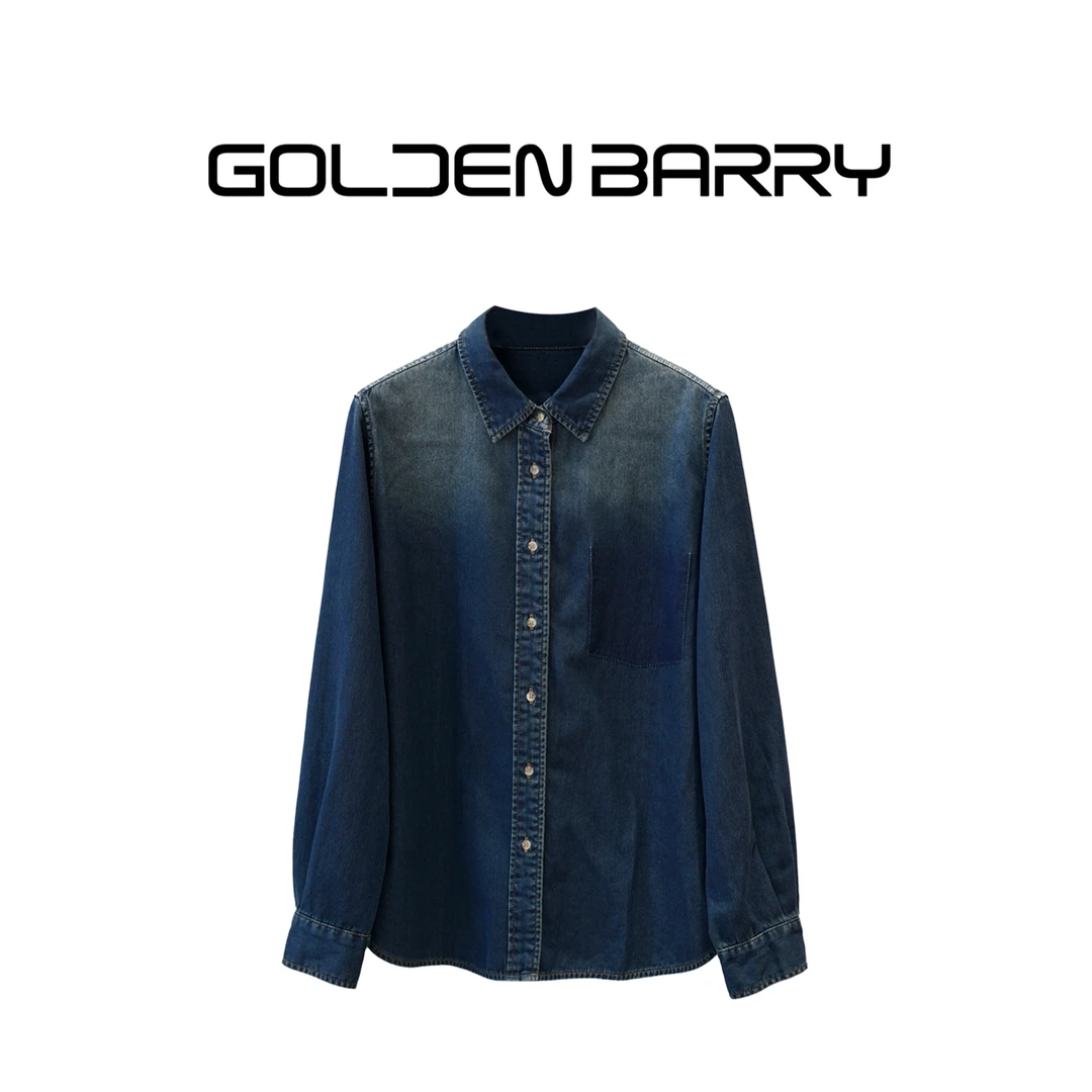 GOLDENBARRY|120092撞色简约百搭宽松长袖高级舒适水洗牛仔衬衫