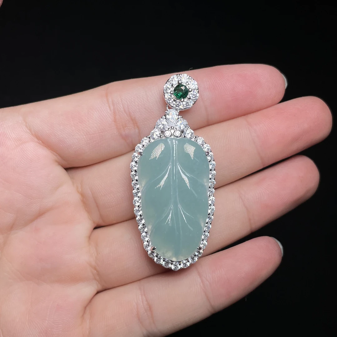 菲菲珠宝好~S925翡翠全包叶子约47*21mm吊坠